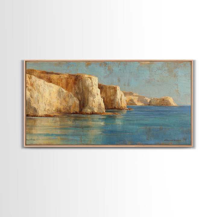 Coastal Cliffs with Sparkling Blue Water Framed Canvas Print, Mediterranean Art, Home Decor, Living Room Decor, Fine Art, Azure, MAR-2x1-40