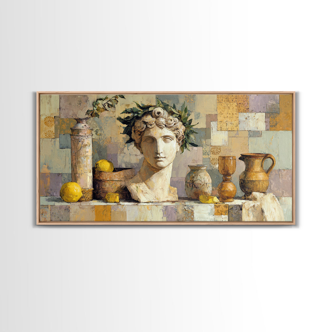 Roman Statue Bust Framed Canvas Print, Mediterranean Art, Gallery Decor, Living Room Decor, Fine Art, Azure, Minimalist Decor, MAR-2x1-42