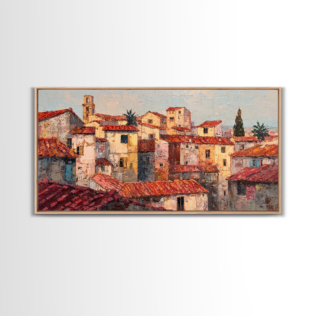 Sunset over Red Tiled Rooftops Framed Canvas Print, Mediterranean Art, Original Painting, Living Room Decor, Fine Art, Azure, MAR-2x1-43