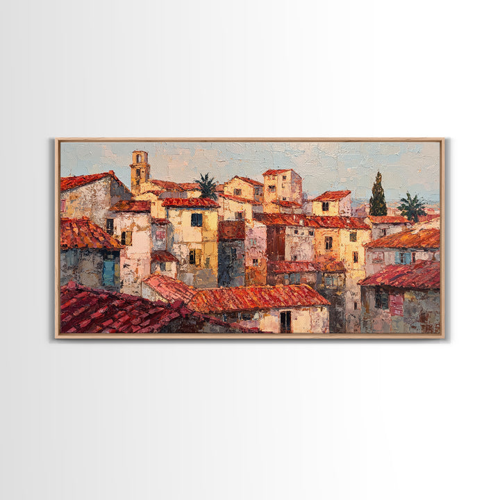 Sunset over Red Tiled Rooftops Framed Canvas Print, Mediterranean Art, Original Painting, Living Room Decor, Fine Art, Azure, MAR-2x1-43