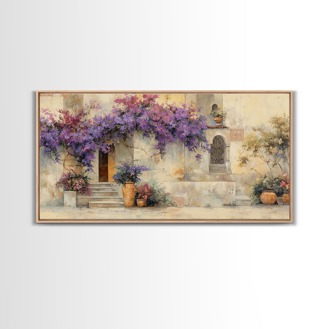 Bougainvillea Cascading over Stone Wall Canvas Print, Mediterranean Art, Home Decor, Living Room Decor, Fine Art, Azure, MAR-2x1-49