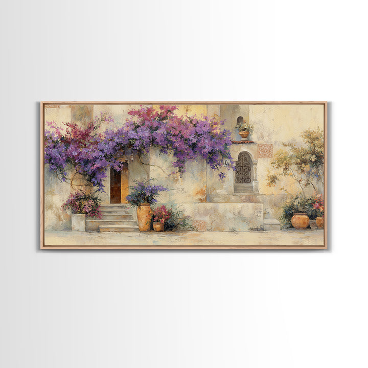 Bougainvillea Cascading over Stone Wall Canvas Print, Mediterranean Art, Home Decor, Living Room Decor, Fine Art, Azure, MAR-2x1-49