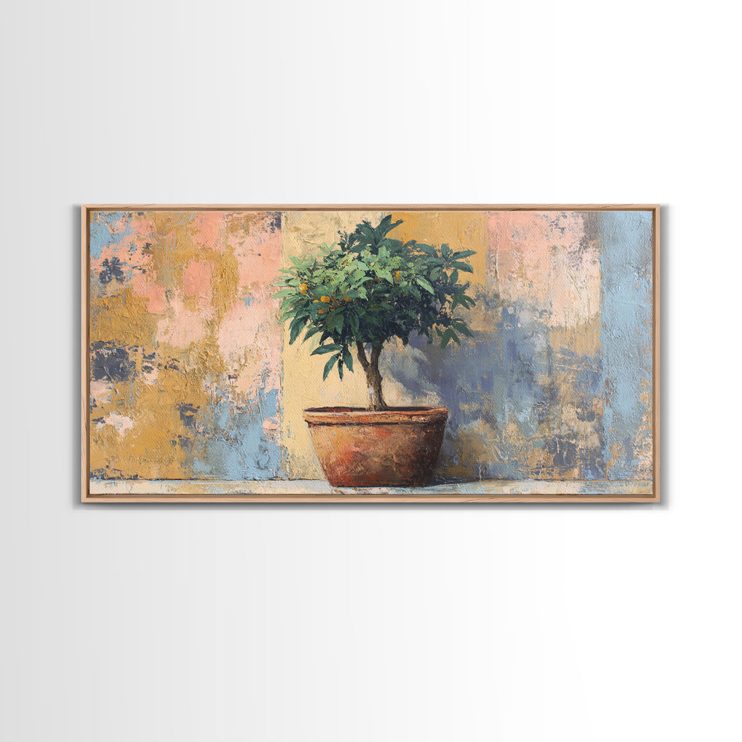 Citrus Tree in Clay Pot Framed Canvas Print, Mediterranean Art, Modern Decor, Living Room Decor, Fine Art, Azure, MAR-2x1-6