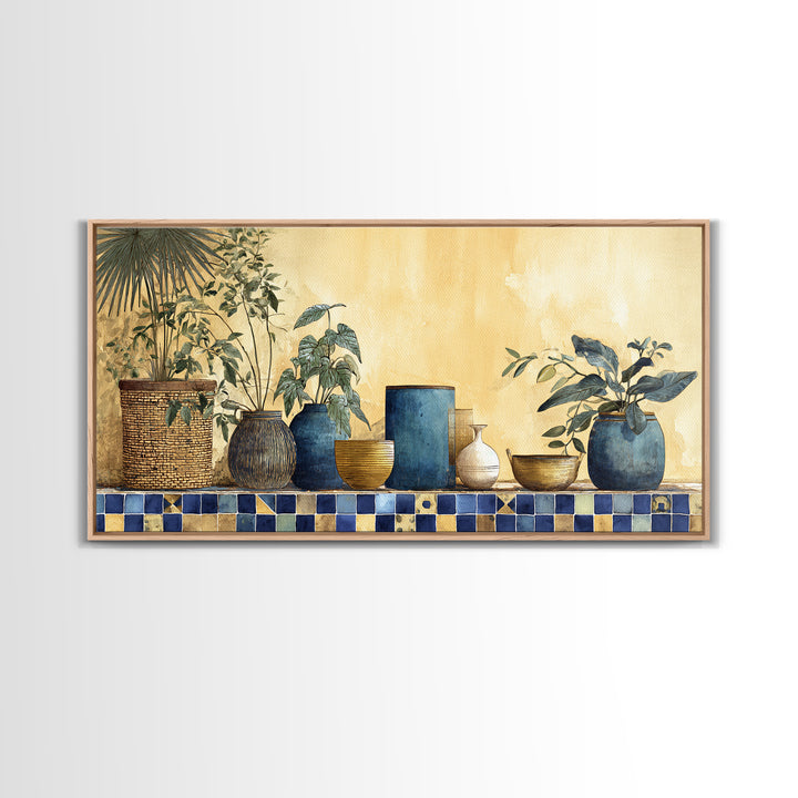 Spanish Tile Ornament Framed Canvas Print, Mediterranean Art, Large Wall Art, Living Room Decor, Oil Painting, Azure, MAR-2x1-60