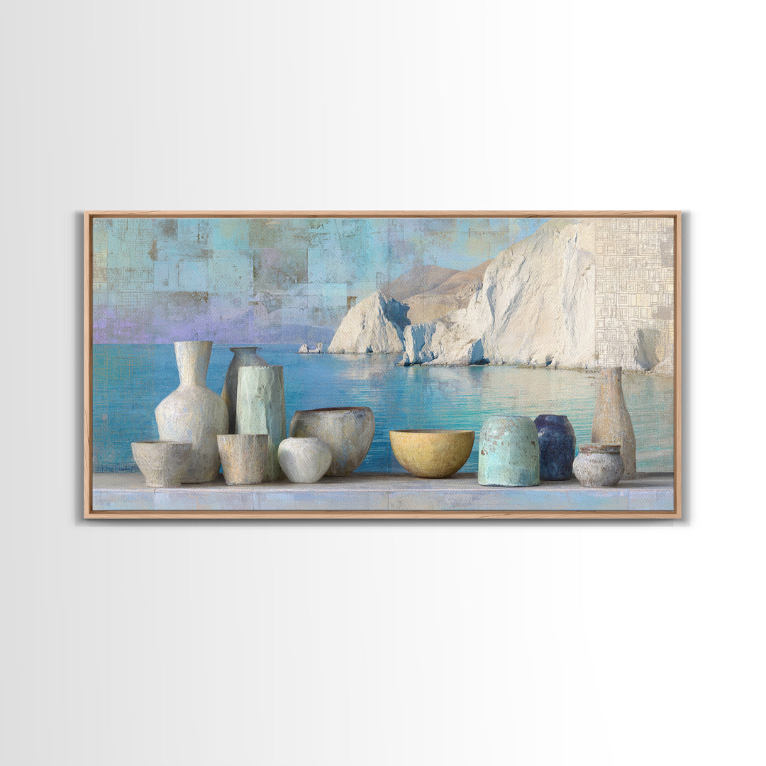 Coastal Cliffs with Sparkling Blue Water Canvas Print, Mediterranean Art, Framed Wall Art, Living Room Decor, Fine Art, Azure, MAR-2x1-64