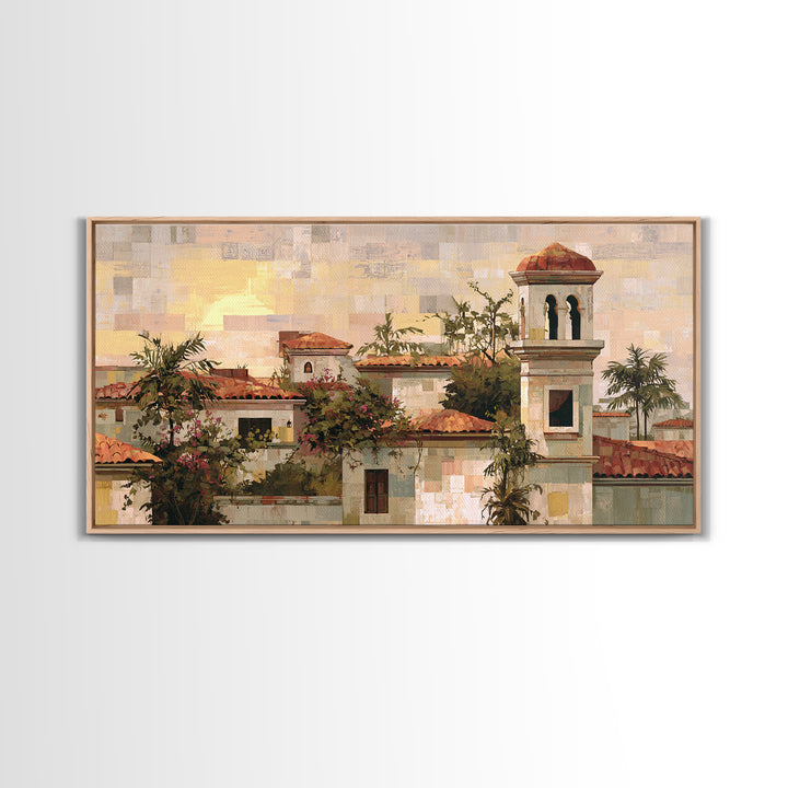 Sunset over Red Tiled Rooftops Framed Canvas Print, Mediterranean Art, Landscape Wall Art, Living Room Decor, Fine Art, Azure, MAR-2x1-67