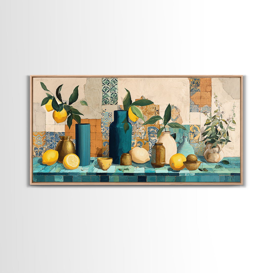 Olive Branch and Lemons on Terracotta Ground Canvas Print, Mediterranean Art, Minimalist Decor, Living Room Decor, Oil Painting, MAR-2x1-70