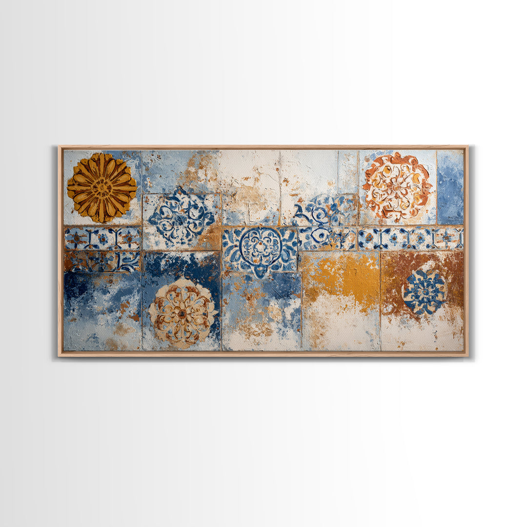Blue and White Tile Pattern Framed Canvas Print, Mediterranean Art, Printable Art, Living Room Decor, Fine Art, Azure, MAR-2x1-72