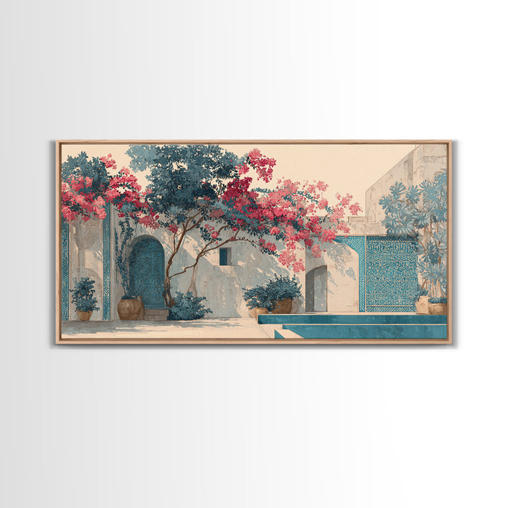 Bougainvillea Cascading over Stone Wall Canvas Print, Mediterranean Art, Home Decor, Living Room Decor, Fine Art, Azure, MAR-2x1-73
