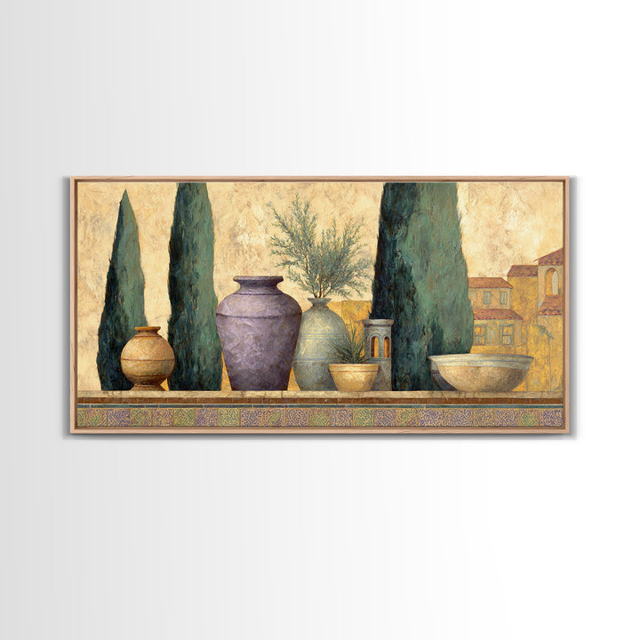 Tuscan Cypress Trees and Golden Hillside Canvas Print, Mediterranean Art, Living Room Decor, Watercolor Art, Azure, MAR-2x1-74