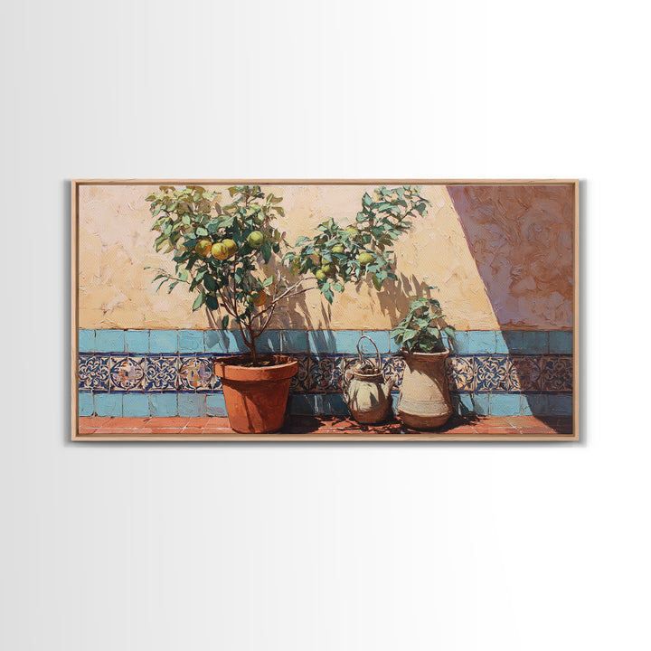 Citrus Tree in Clay Pot Canvas Print, Mediterranean Art, Art Print, Living Room Decor, Fine Art, Azure, Digital Print, MAR-2x1-78