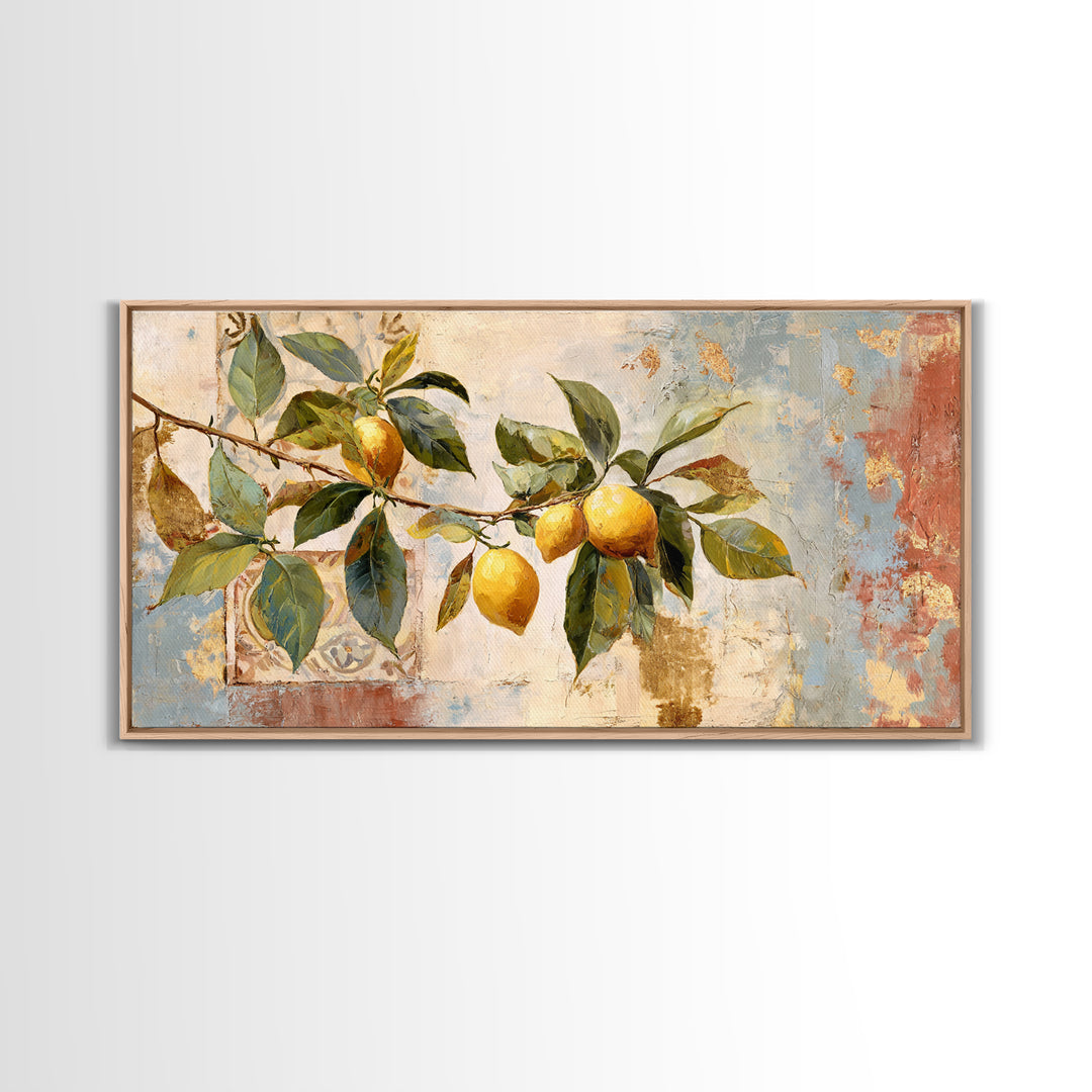 Sicilian Lemon Branch on Ivory Background Framed Canvas Print, Mediterranean Art, Original Painting, Living Room Decor, Azure, MAR-2x1-81