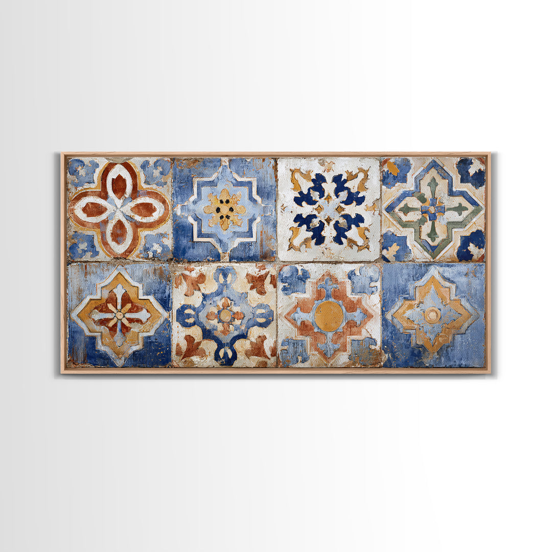 Spanish Tile Ornament Framed Canvas Print, Mediterranean Art, Coastal Wall Art, Living Room Decor, Azure, Living Room Art, MAR-2x1-84