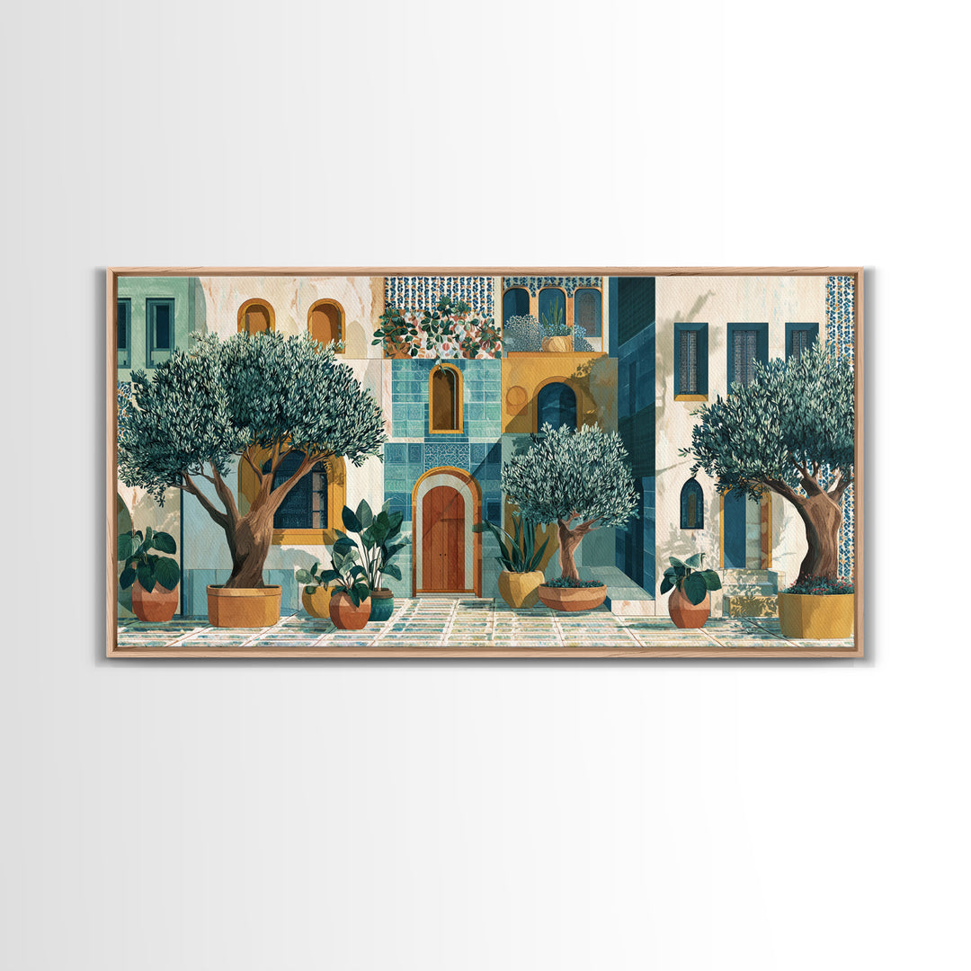 Olive Grove under Pale Morning Light Framed Canvas Print, Mediterranean Art, Oil Painting, Living Room Decor, Fine Art, Azure, MAR-2x1-85