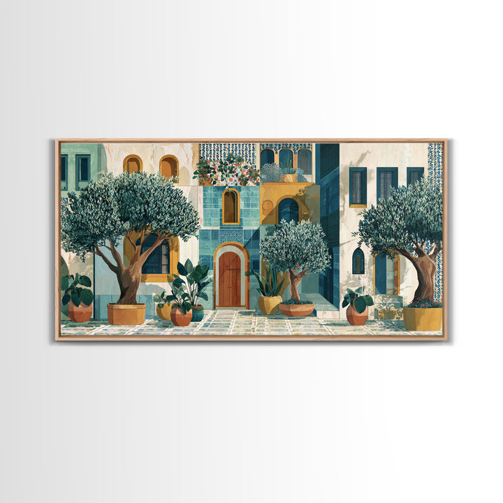 Olive Grove under Pale Morning Light Framed Canvas Print, Mediterranean Art, Oil Painting, Living Room Decor, Fine Art, Azure, MAR-2x1-85