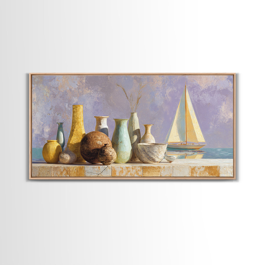 Mediterranean Sailboat on Glassy Water Framed Canvas Print, Mediterranean Art, Textured Painting, Living Room Decor, Azure, MAR-2x1-86