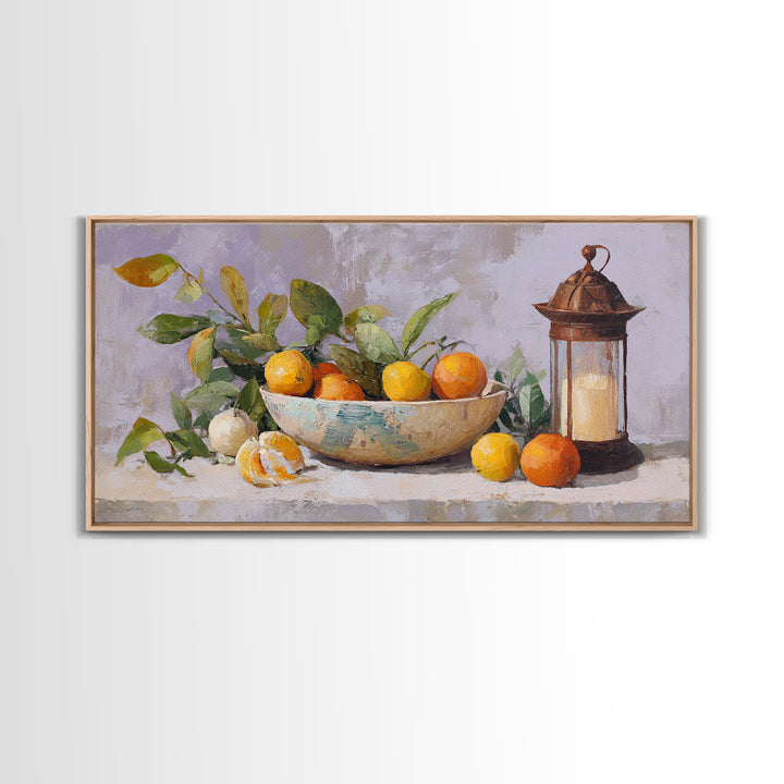 Ceramic Bowl of Oranges and Leaves Canvas Print, Mediterranean Art, Digital Wall Art, Living Room Decor, Fine Art, Azure, MAR-2x1-89