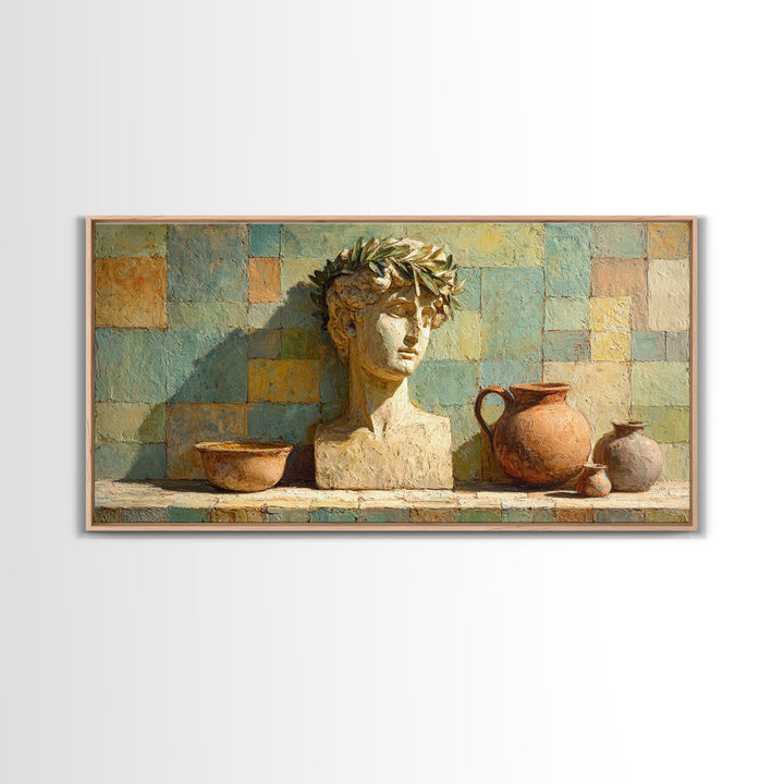 Roman Statue Bust Framed Canvas Print, Mediterranean Art, Living Room Decor, Oil Painting, Azure, Farmhouse Decor, MAR-2x1-90