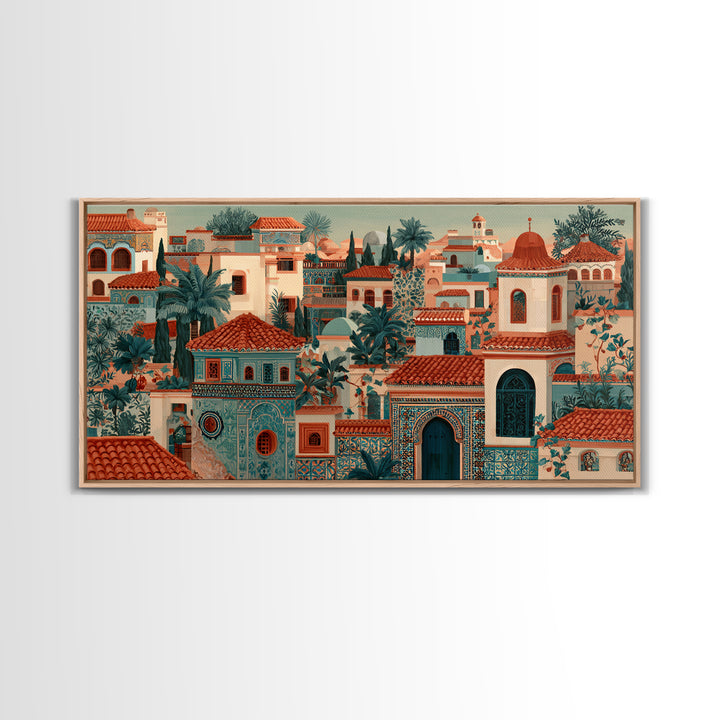 Sunset over Red Tiled Rooftops Framed Canvas Print, Mediterranean Art, Oil Painting, Living Room Decor, Fine Art, Azure, MAR-2x1-91