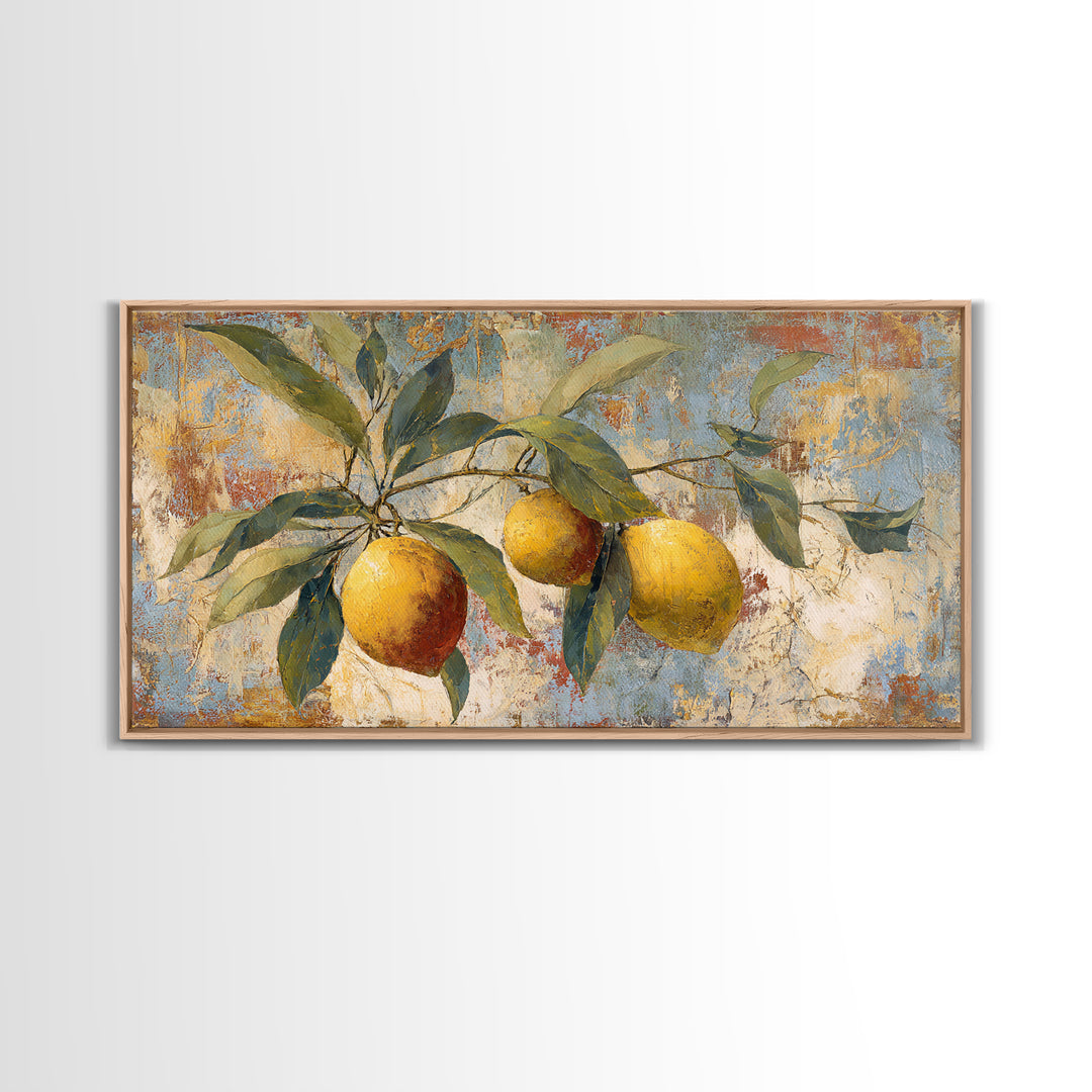 Olive Branch and Lemons on Terracotta Ground Canvas Print, Mediterranean Art, Minimalist Decor, Living Room Decor, Oil Painting, MAR-2x1-94