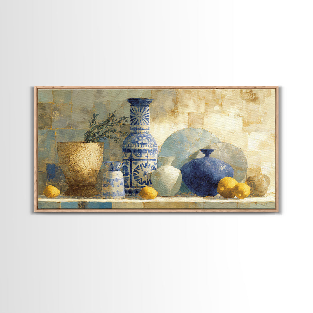 Blue and White Tile Pattern Framed Canvas Print, Mediterranean Art, Coastal Decor, Living Room Decor, Oil Painting, Azure, MAR-2x1-96