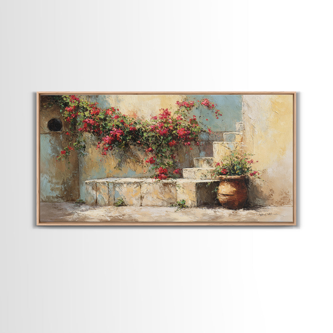 Bougainvillea Cascading over Stone Wall Framed Canvas Print, Mediterranean Art, Framed Wall Art, Living Room Decor, Azure, MAR-2x1-97