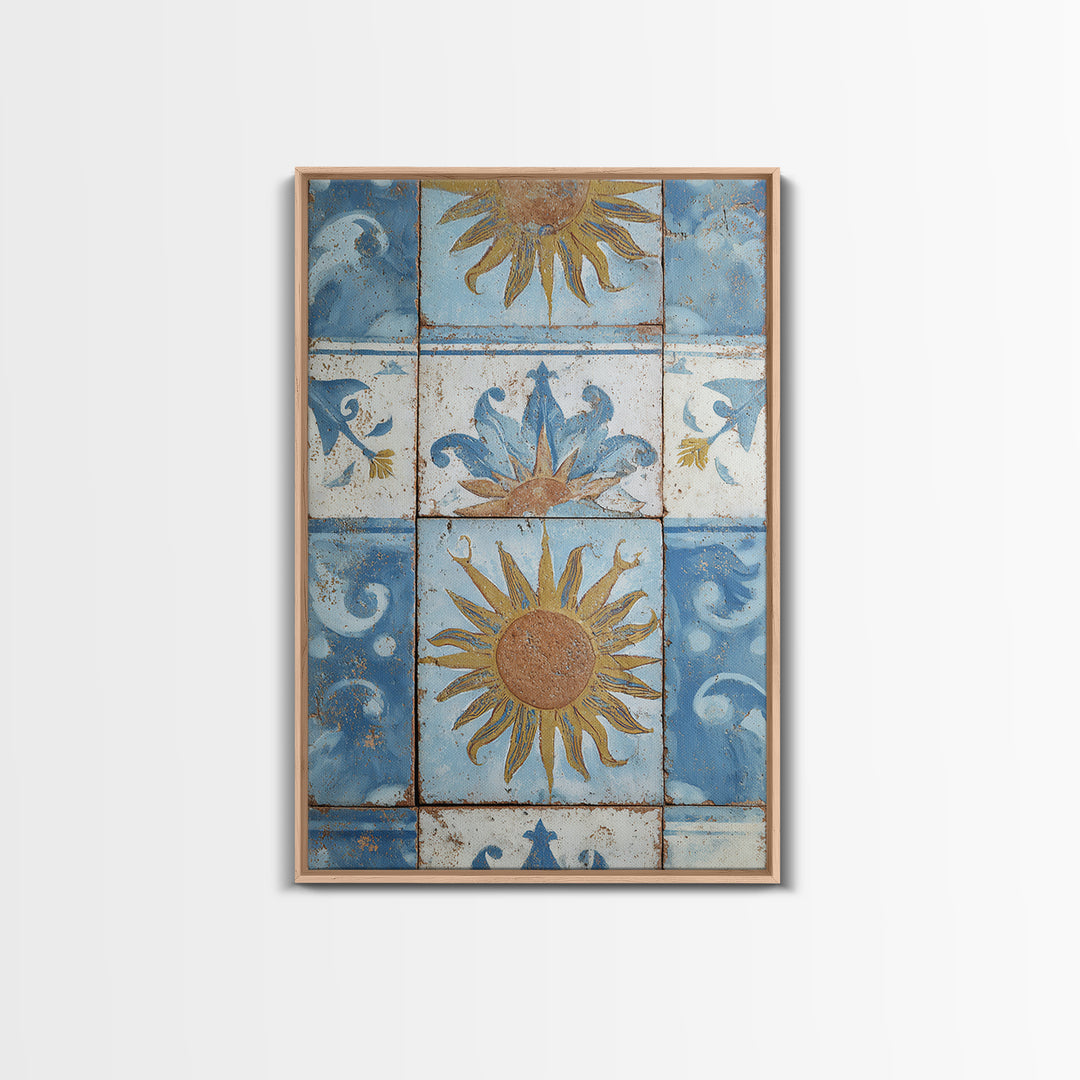 Blue and White Tile Pattern Framed Canvas Print, Mediterranean Art, Fine Art Print, Living Room Decor, Oil Painting, Azure, MAR-2x3-12