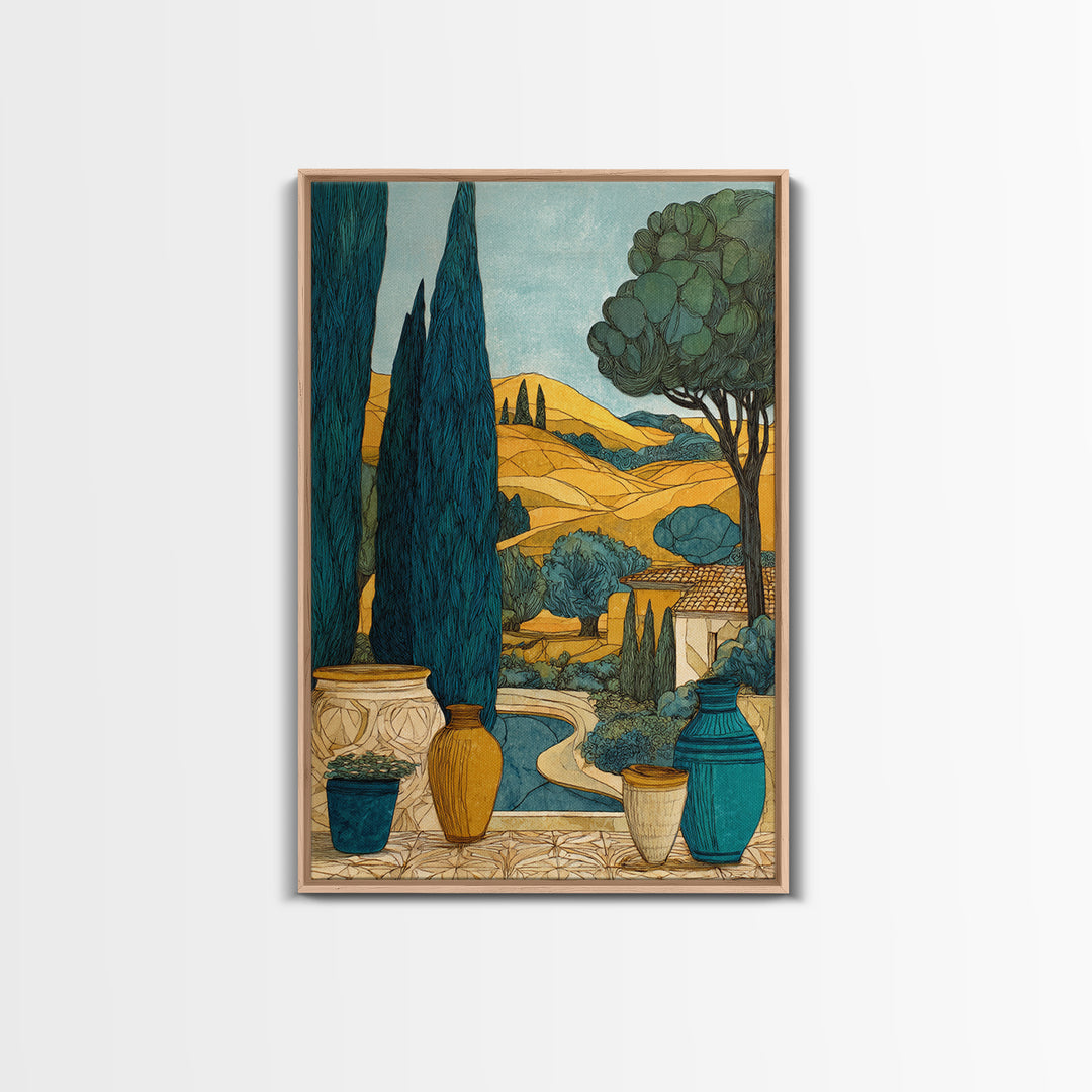 Tuscan Cypress Trees and Golden Hillside Canvas Print, Mediterranean Art, Modern Decor, Living Room Decor, Oil Painting, Azure, MAR-2x3-14