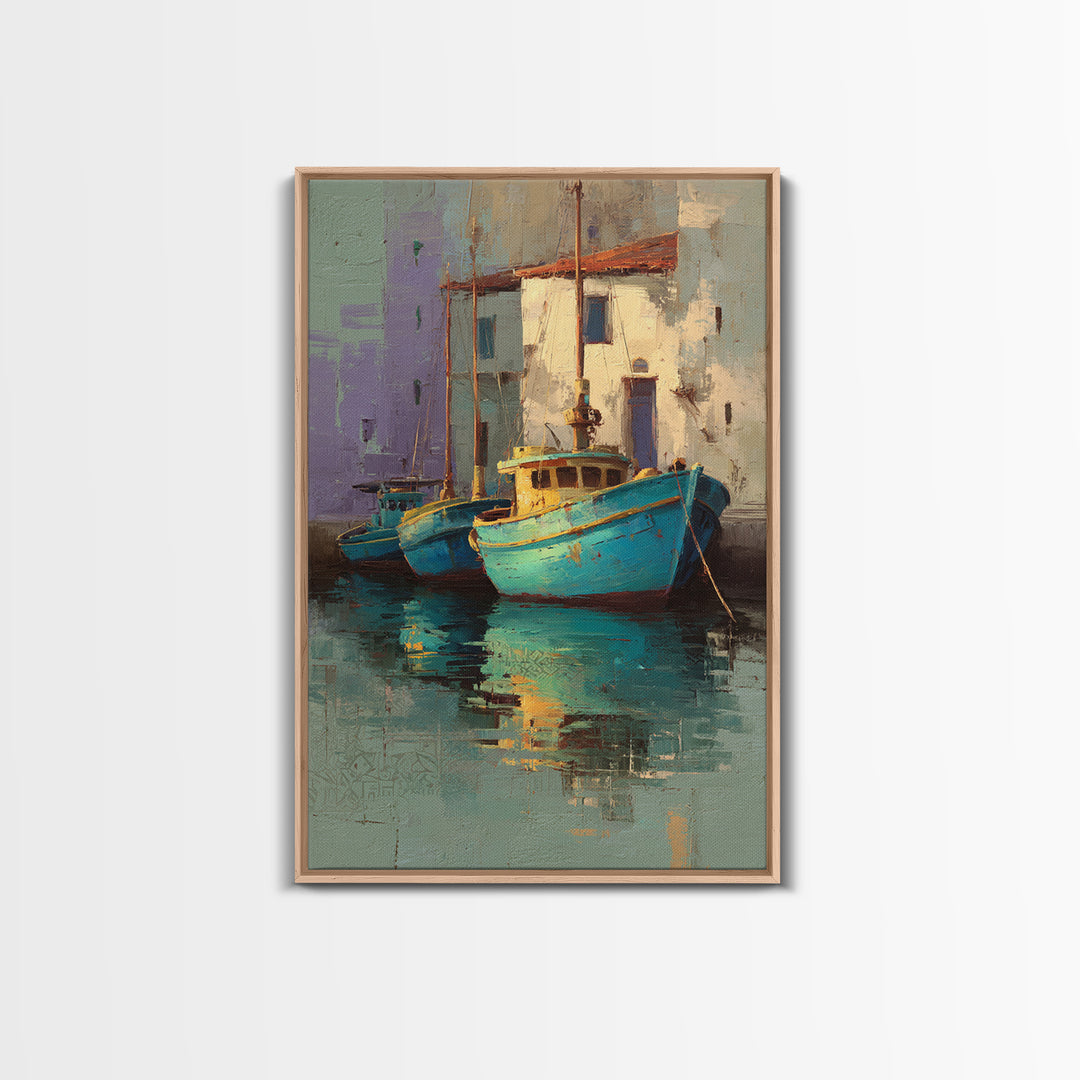 Coastal Fishing Boats Canvas Print, Mediterranean Art, Minimalist Wall Art, Living Room Decor, Fine Art, Azure, Neutral Decor, MAR-2x3-15