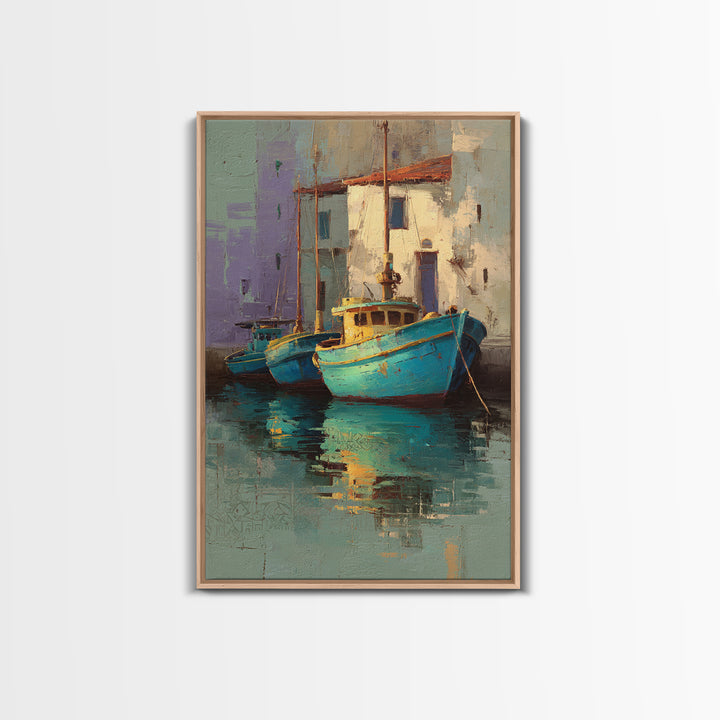 Coastal Fishing Boats Canvas Print, Mediterranean Art, Minimalist Wall Art, Living Room Decor, Fine Art, Azure, Neutral Decor, MAR-2x3-15