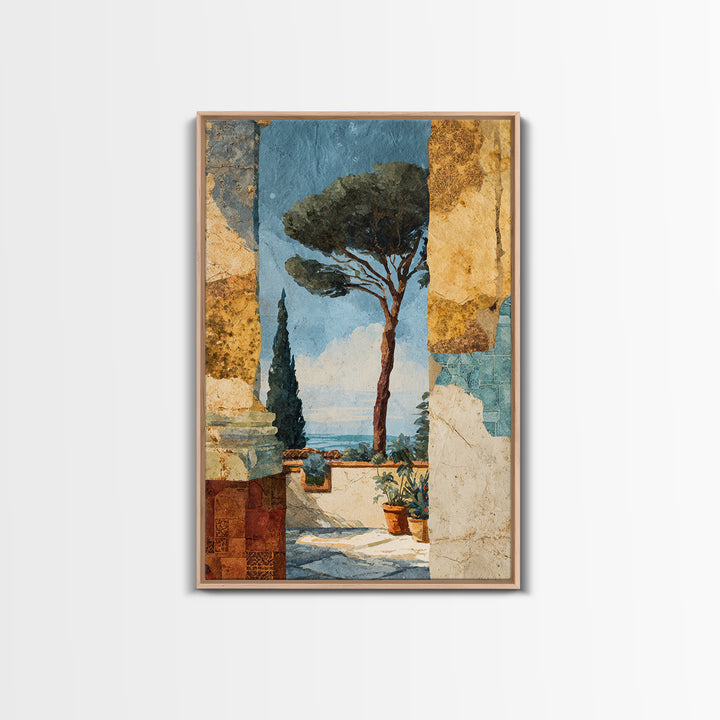 Ancient Column with Sea and Sky Beyond Framed Canvas Print, Mediterranean Art, Living Room Decor, Oil Painting, Azure, MAR-2x3-20