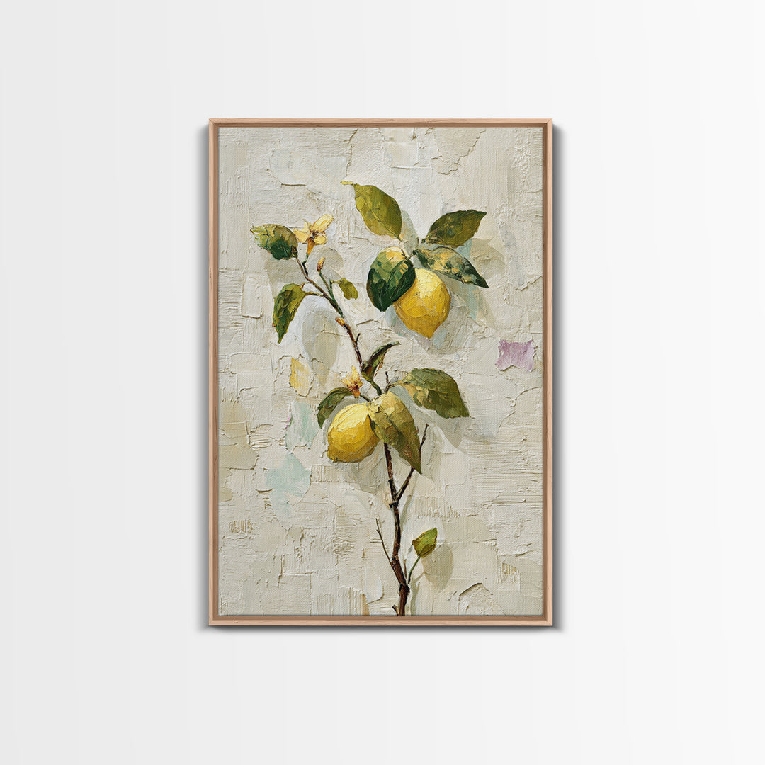 Sicilian Lemon Branch on Ivory Background Framed Canvas Print, Mediterranean Art, Boho Decor, Living Room Decor, Azure, MAR-2x3-21