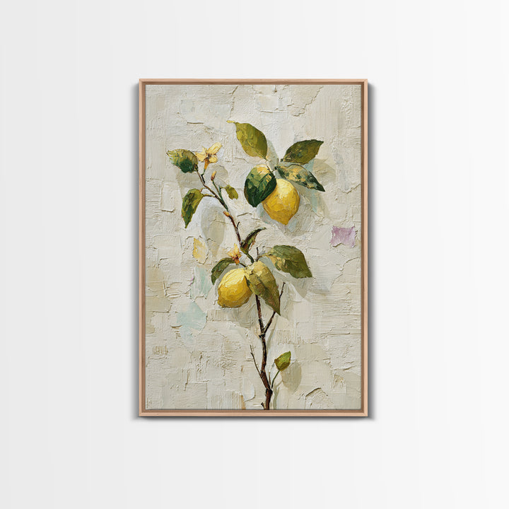 Sicilian Lemon Branch on Ivory Background Framed Canvas Print, Mediterranean Art, Boho Decor, Living Room Decor, Azure, MAR-2x3-21