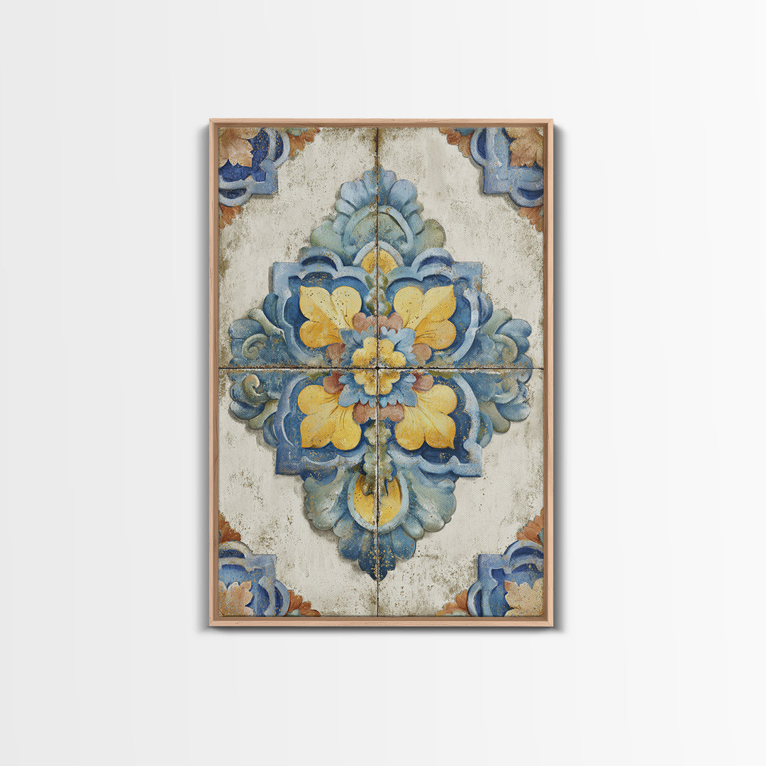Spanish Tile Ornament Framed Canvas Print, Mediterranean Art, Nautical Decor, Living Room Decor, Azure, Coastal Wall Decor, MAR-2x3-24