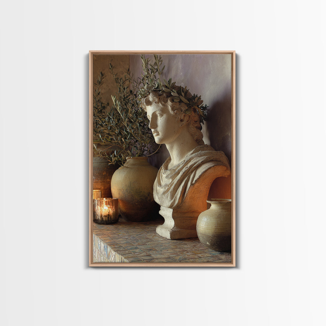 Roman Statue Bust Framed Canvas Print, Mediterranean Art, Wall Decor, Living Room Decor, Fine Art, Azure, Contemporary Art, MAR-2x3-30
