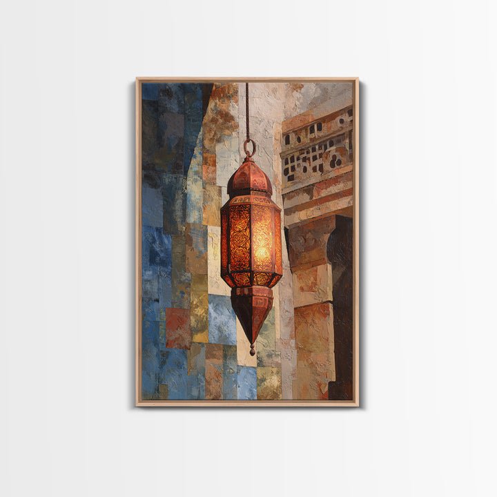 Moroccan Influenced Lantern Framed Canvas Print, Mediterranean Art, Textured Painting, Living Room Decor, Abstract Art, Azure, MAR-2x3-41