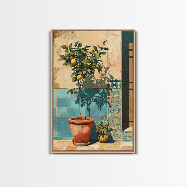 Citrus Tree in Clay Pot Framed Canvas Print, Mediterranean Art, Fine Art Print, Living Room Decor, Watercolor Art, Azure, MAR-2x3-42