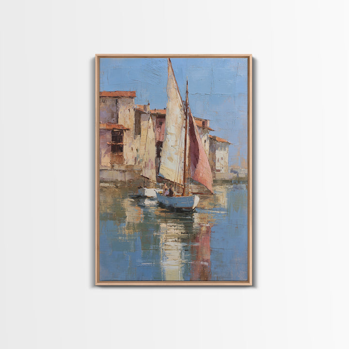 Mediterranean Sailboat on Glassy Water Canvas Print, Mediterranean Art, Boho Decor, Living Room Decor, Fine Art, Azure, MAR-2x3-50