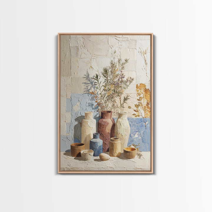 Wild Herbs Rosemary and Thyme Botanical Study Framed Canvas Print, Mediterranean Art, Coastal Art, Living Room Decor, Azure, MAR-2x3-56