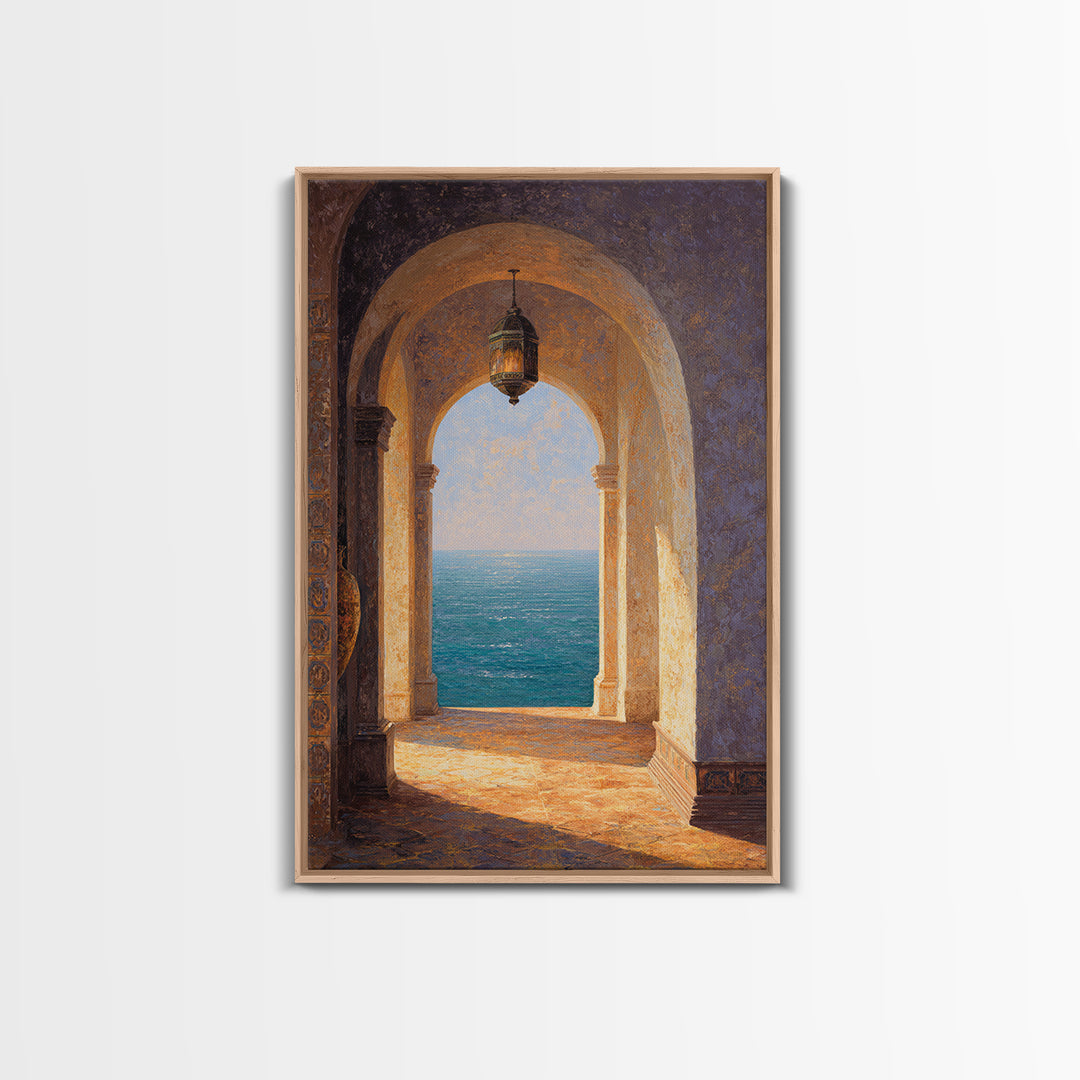 Mediterranean Arch Framing Ocean Horizon Framed Canvas Print, Mediterranean Art, Boho Decor, Living Room Decor, Fine Art, Azure, MAR-2x3-59