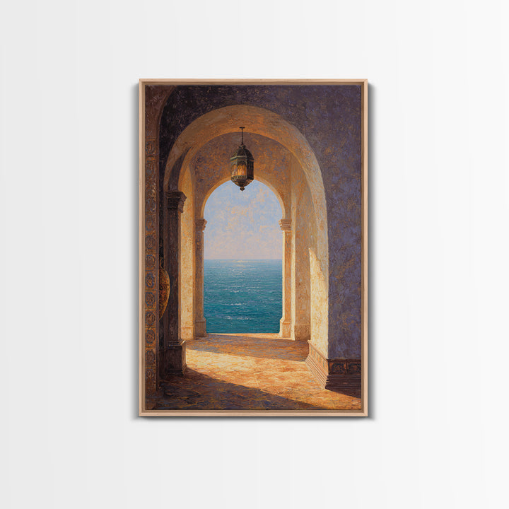 Mediterranean Arch Framing Ocean Horizon Framed Canvas Print, Mediterranean Art, Boho Decor, Living Room Decor, Fine Art, Azure, MAR-2x3-59