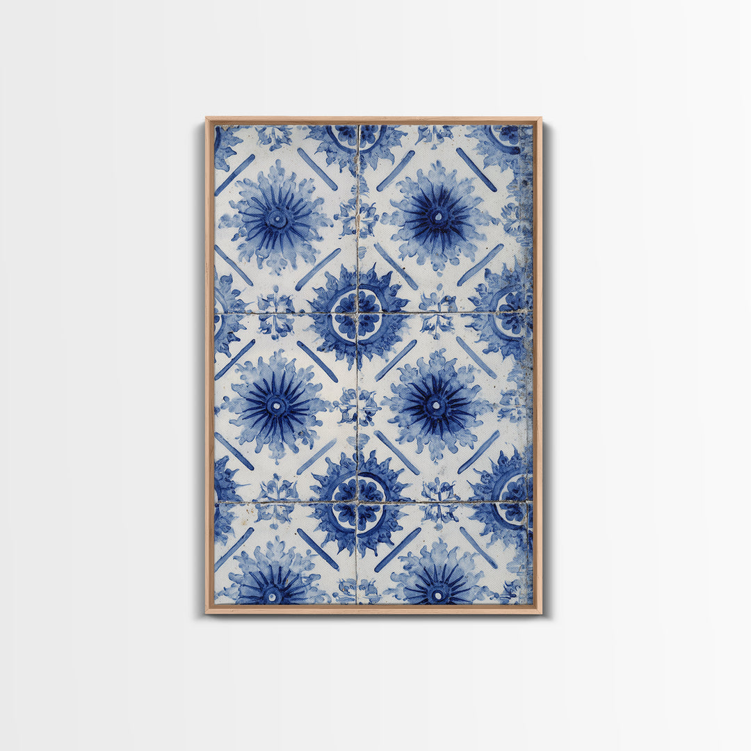 Blue and White Tile Pattern Framed Canvas Print, Mediterranean Art, Statement Artwork, Living Room Decor, Fine Art, Azure, MAR-2x3-60