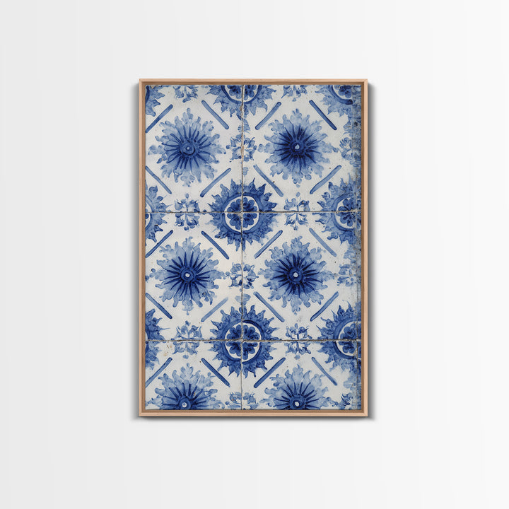 Blue and White Tile Pattern Framed Canvas Print, Mediterranean Art, Statement Artwork, Living Room Decor, Fine Art, Azure, MAR-2x3-60