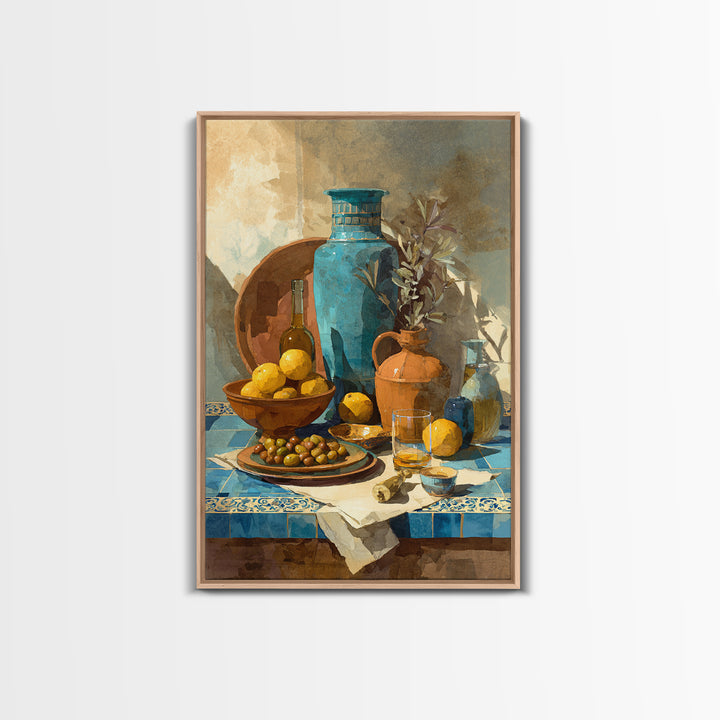 Figs Olives and Cheese Still Life Framed Canvas Print, Mediterranean Art, Gallery Decor, Living Room Decor, Fine Art, Azure, MAR-2x3-64