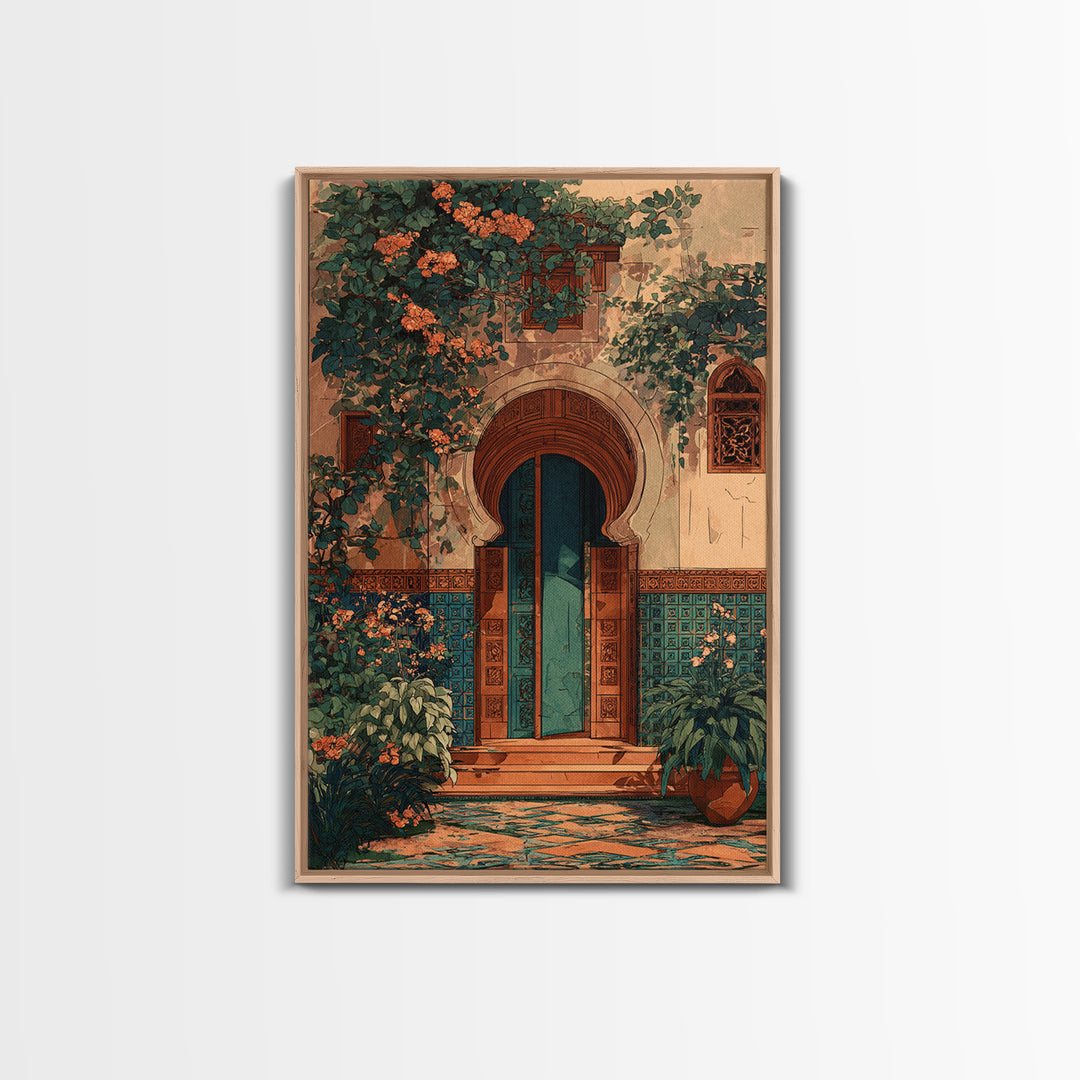 Sunlit Courtyard Doorway Canvas Print, Mediterranean Art, Luxury Decor, Living Room Decor, Fine Art, Azure, Framed Wall Art, MAR-2x3-67