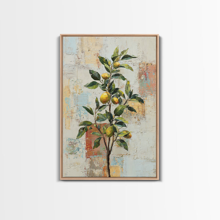 Sicilian Lemon Branch on Ivory Background Framed Canvas Print, Mediterranean Art, Oil Painting, Living Room Decor, MAR-2x3-69