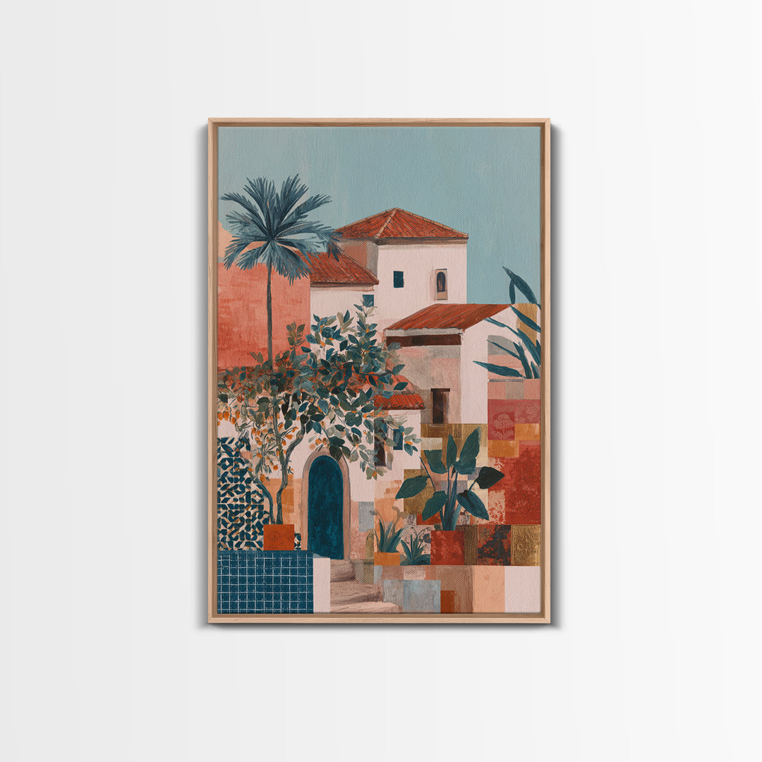 Sunset over Red Tiled Rooftops Canvas Print, Mediterranean Art, Watercolor Painting, Living Room Decor, Fine Art, Azure, MAR-2x3-7
