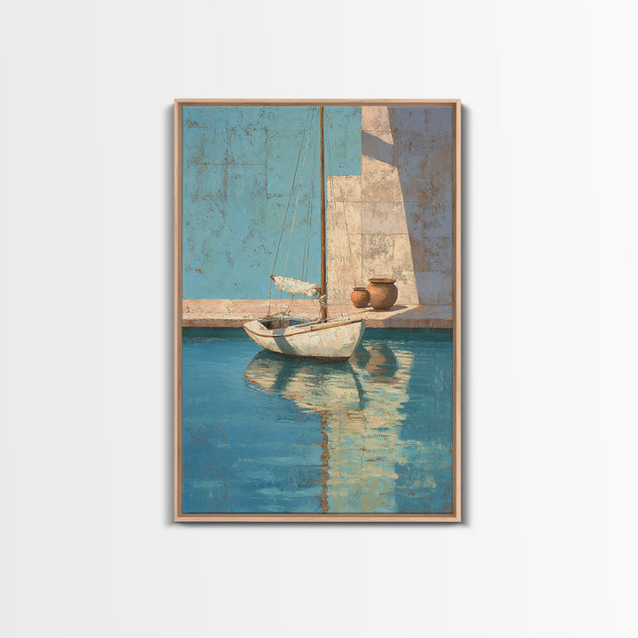 Mediterranean Sailboat on Glassy Water Canvas Print, Mediterranean Art, Living Room Decor, Azure, Digital Art Prints, MAR-2x3-74
