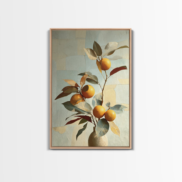 Ceramic Bowl of Oranges and Leaves Canvas Print, Mediterranean Art, Large Wall Art, Living Room Decor, Fine Art, Azure, MAR-2x3-77