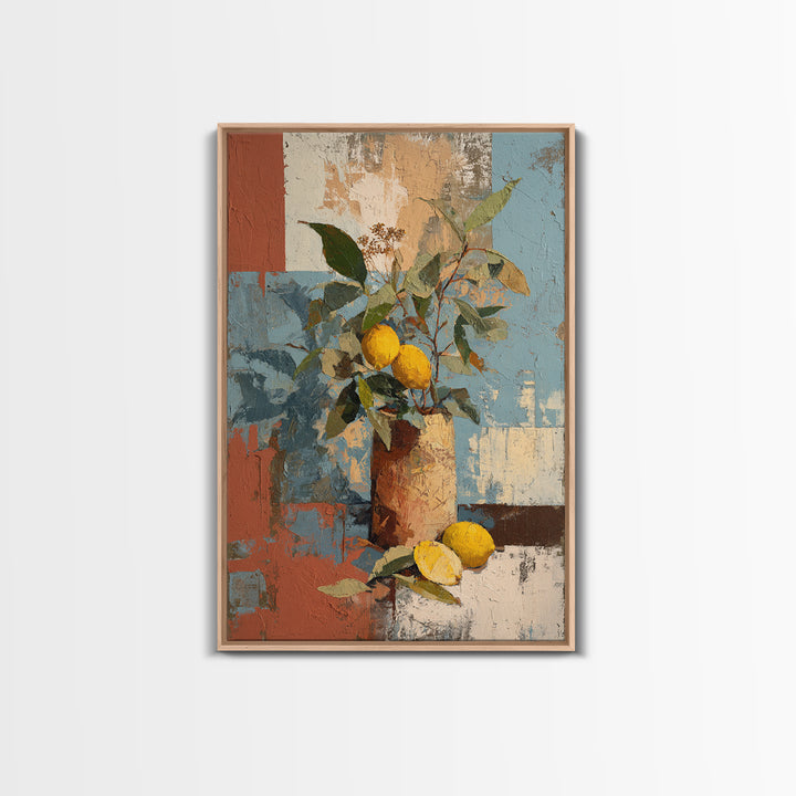 Olive Branch and Lemons on Terracotta Ground Canvas Print, Mediterranean Art, Contemporary Art, Living Room Decor, Azure, MAR-2x3-82
